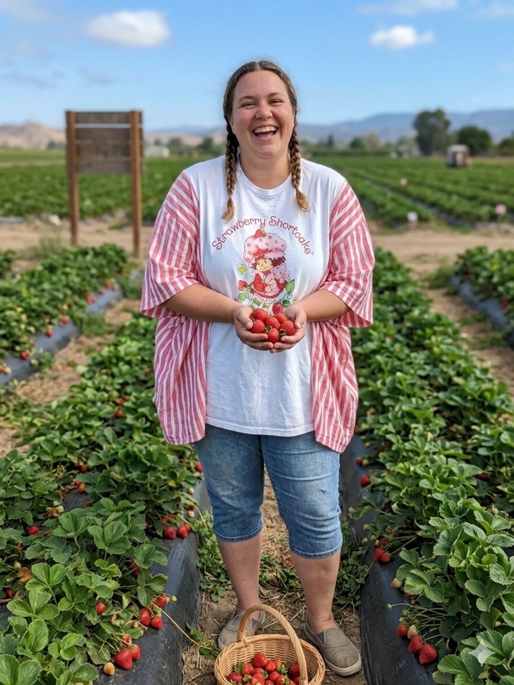 Upcycled Strawberry Shortcake Tee with Stripe Sleeves